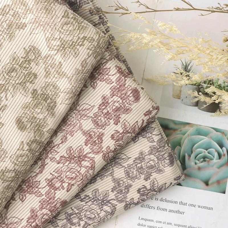 0.5/1/2 Yard Corduroy Fabric Cherry Heart Print Stripe Fabric For Sewing Garment Shirts Romper Dress Jackets Sofa Throw Pillow