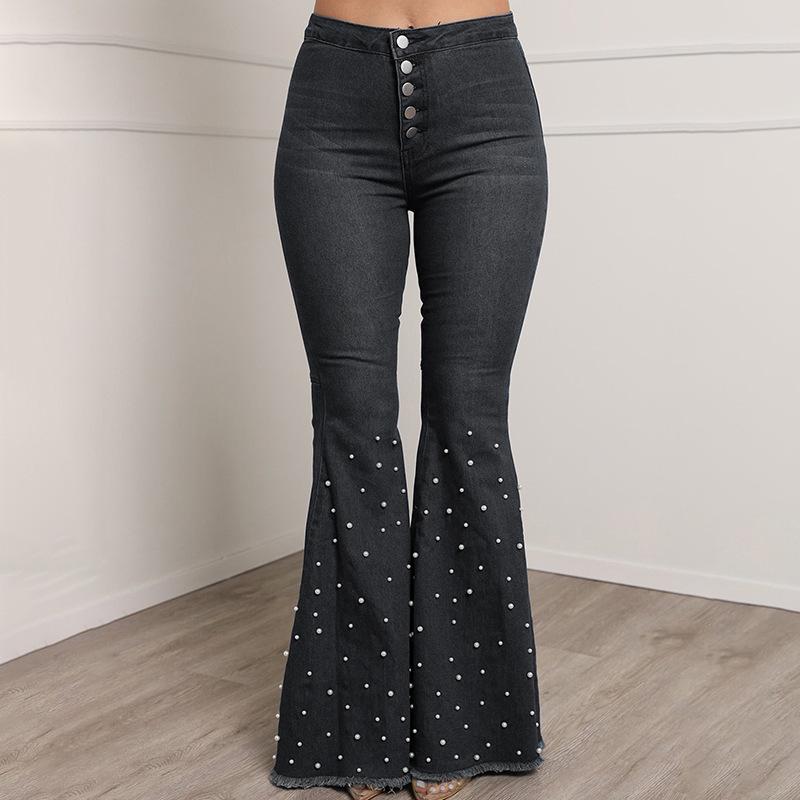 Women's European & American High-Waisted Elastic Flared Jeans - Slimming, Loose Fit with Bead Accents