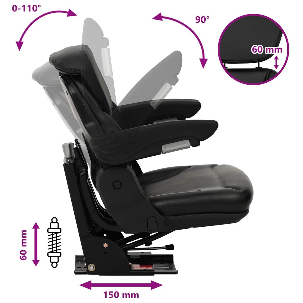 Tractor Seat with Suspension Black 60 x 58 x 72 cm Steel and PVC