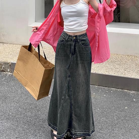 Women Skirt A-line Big Swing Denim Retro Pockets Patchwork Solid Color High Waist Button Zipper Closure Ankle Length Ripped Edge Lady Maxi Skirt