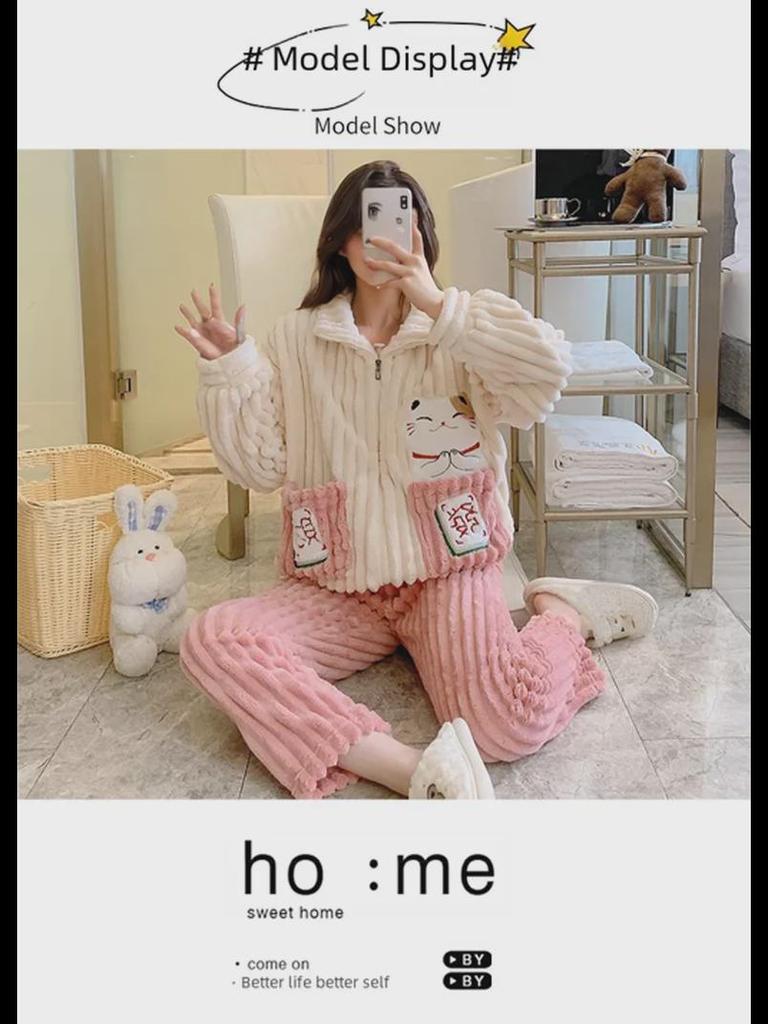 Женская зимняя пижама больших размеров из кораллового и жаккардового бархата - Милая и уютная домашняя одежда (До 200 фунтов)