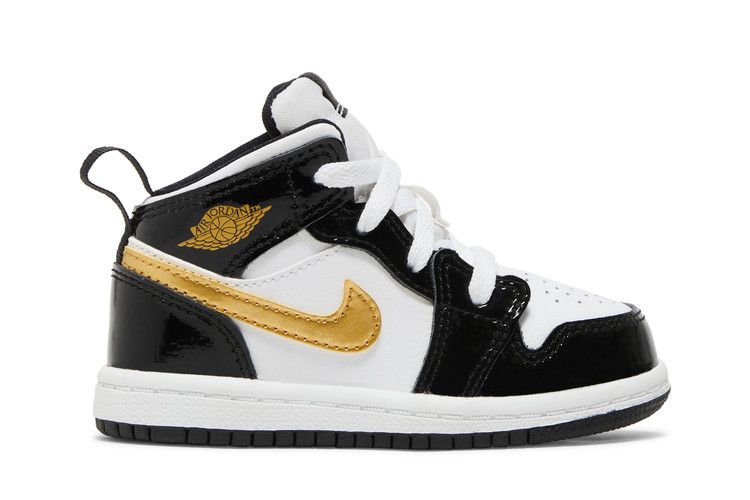 Детские кроссовки Nike Jordan 1 Mid Patent Черно-белые с золотым (ТД) Черный/Бело-Золотой Металлик