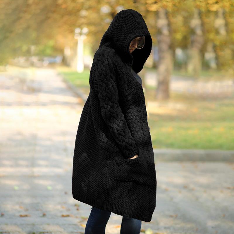 Women Winter Fashion Long Sleeve Solid Color Knitted Hooded Sweater Cardigan Open Front Long Cardigan