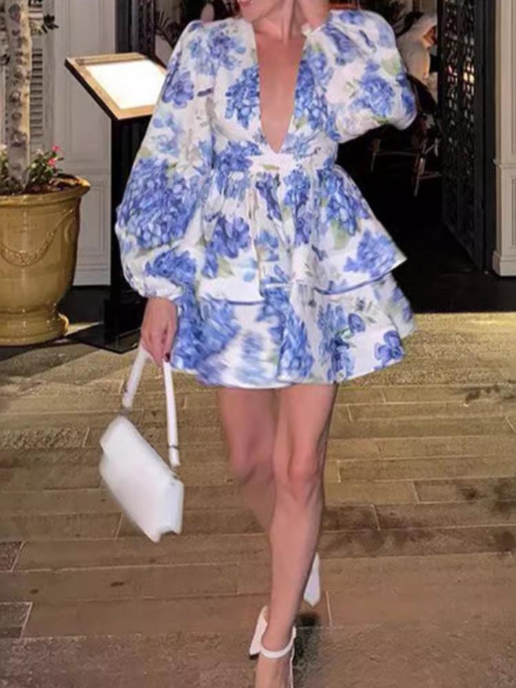 Summer Fashion Elegant Sexy Mini Dress Women Retro Print Floral Flower V Neck Party Dresses France Chic New Design Vintage Aesthetic Clothes