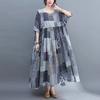 Летняя литература плюс свободное хлопковое льняное клетчатое платье с короткими рукавами женские длинные повседневные платья