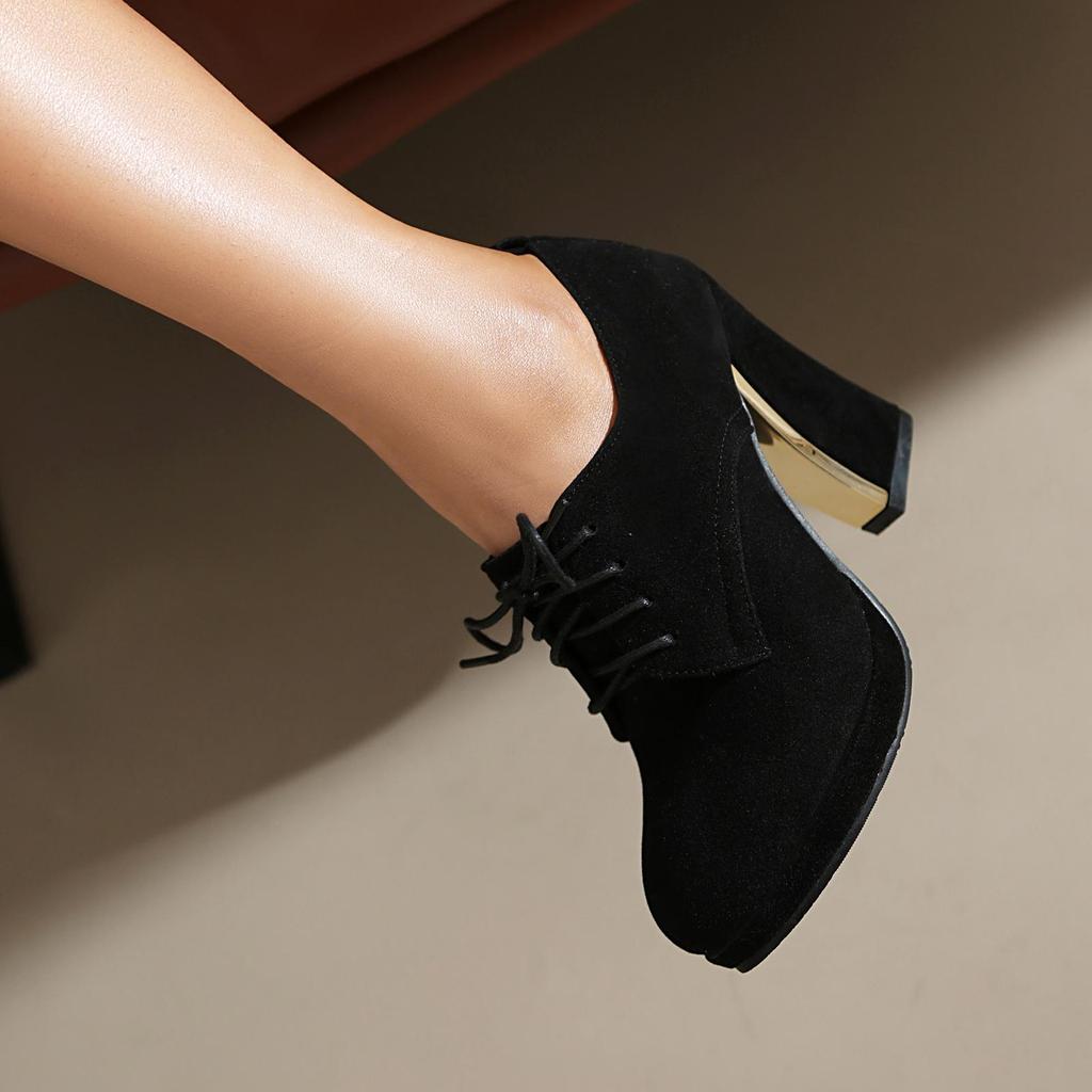 Женские туфли на высоком каблуке, одиночные туфли, весенне-осенняя водонепроницаемая платформа, толстый каблук, шнуровка, большой размер, всесезонная обувь.