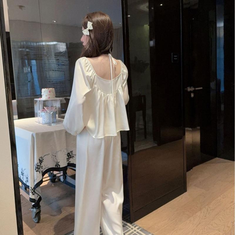 1011 spring new Korean version can be worn outside thin loungewear two-piece set long-sleeved trousers ice and snow silk pajamas women