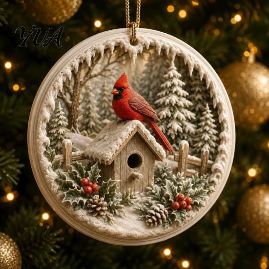 Traditional Christmas Tree Ornaments 2 Pcs Red Bird Ornaments, 2D Round Acrylic Snowy Scene Elegant Indoor Seasonal Decorations Xmas Hanging