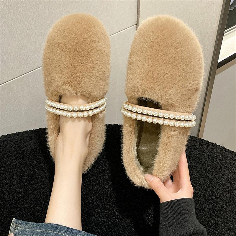 Fashion Luxury Pearl Design Mary Jane Shoes Winter Women Plush Furry Warm Shoes Ladies Fashion Shallow Comfortable Cotton Loafers Flats