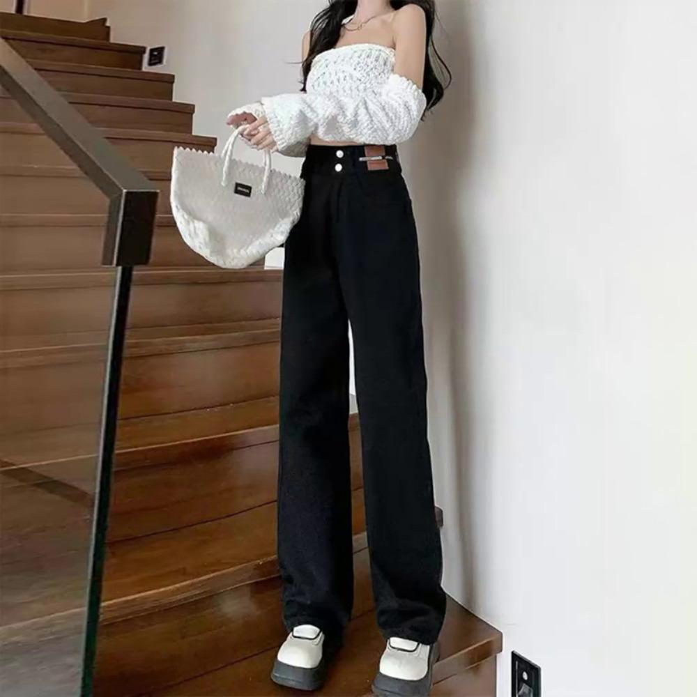 Джинсы женские черные прямые широкие на высокой талии осень-зима 2025, свободные и стройнящие, новые драпирующиеся, моп-модель