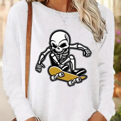 Топы для женщин Q-версия Скелет Принт Круглый вырез Длинный рукав Футболка Осенний повседневный тонкий пуловер Женский длинный рукав Топ