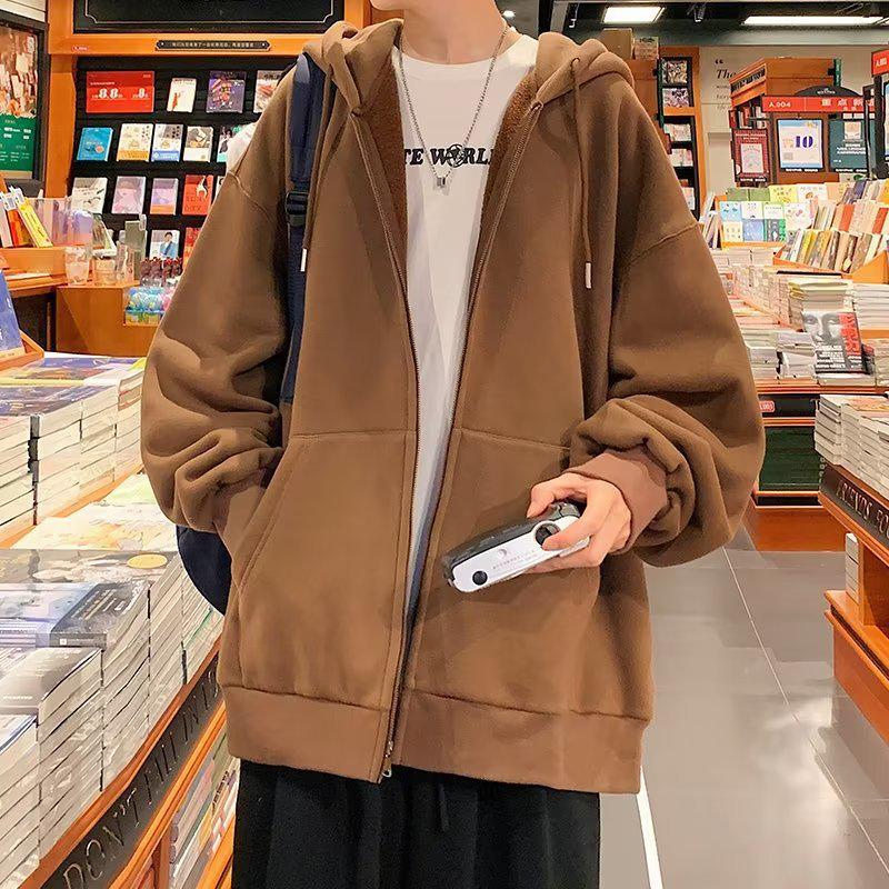 Мужской кардиган с капюшоном на молнии в корейском стиле — модная однотонная толстовка свободного кроя для осени и зимы