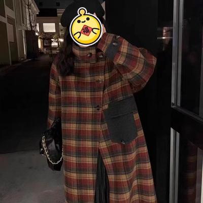 Двустороннее шерстяное пальто для женщин, длинное свободное шерстяное пальто в корейском стиле в клетку