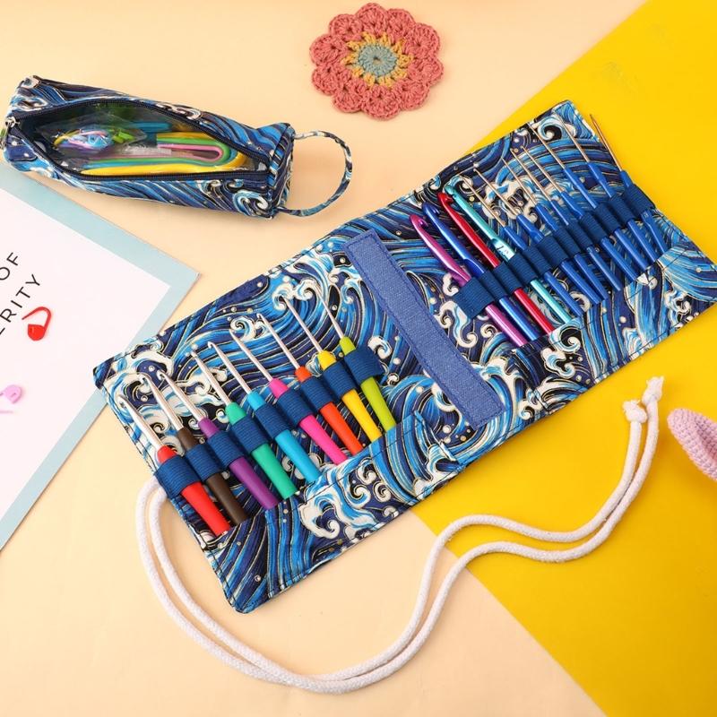 Large Capacity Crochet Hook Organiser Case Built in Zippered Pocket Elastic Slots For Knitting Tool And Crochet Supplies