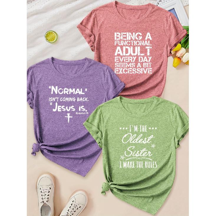 Fashionable ladies' elegant style, simple artistic letter combination gift print pattern, round neck3Short-sleeved shirt T Shirts for women in
