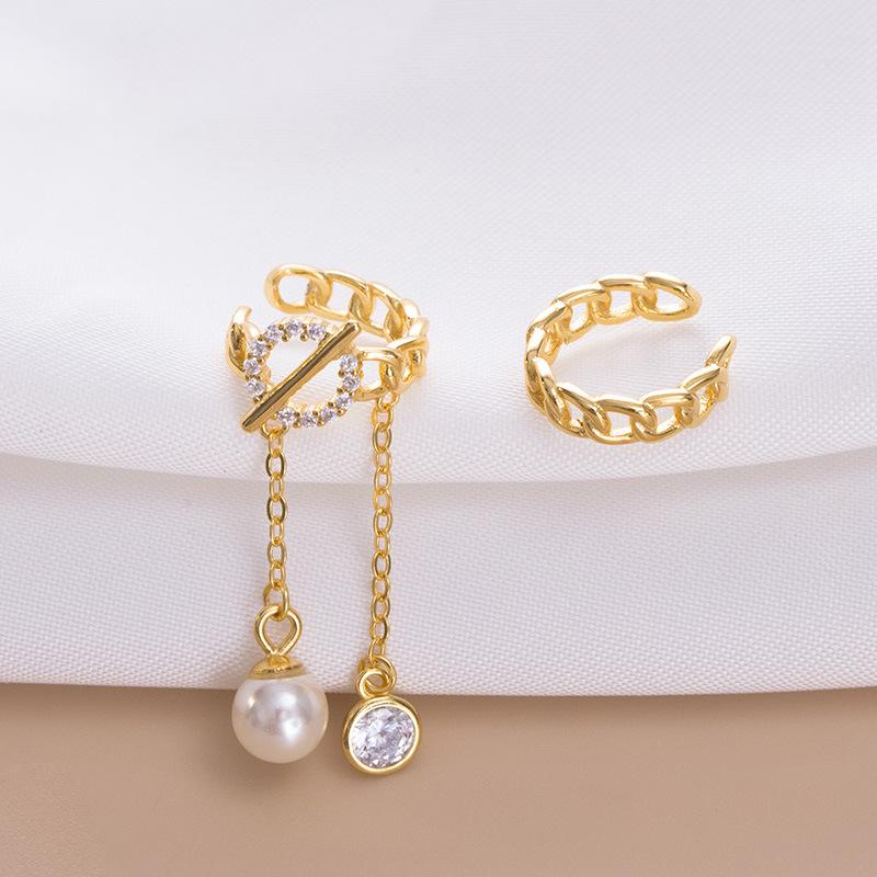 Fashion Jewelry 925 Sterling Silver Pearl Earring Asymmetrical Zircon Pearl Tassel Chain Gold Plated Ear Clip Hoop Earrings