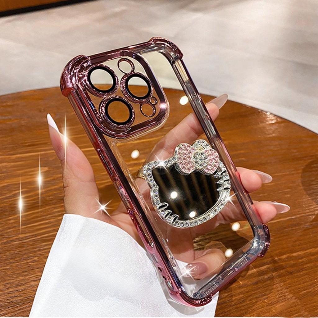 3D Kitty Mirror Electroplate Shockproof Phone Case for Samsung Galaxy A17 A55 A35 A15 A05 A24 A54 A14 A13 A52 A51 With Bracelet