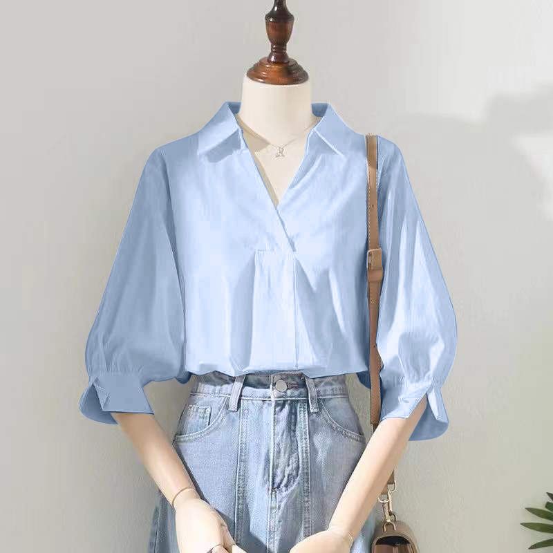 Базовая однотонная свободная блузка Летняя тонкая офисная леди V-образный вырез Корейская женская одежда Стильная на пуговицах Повседневная рубашка с рукавом три четверти