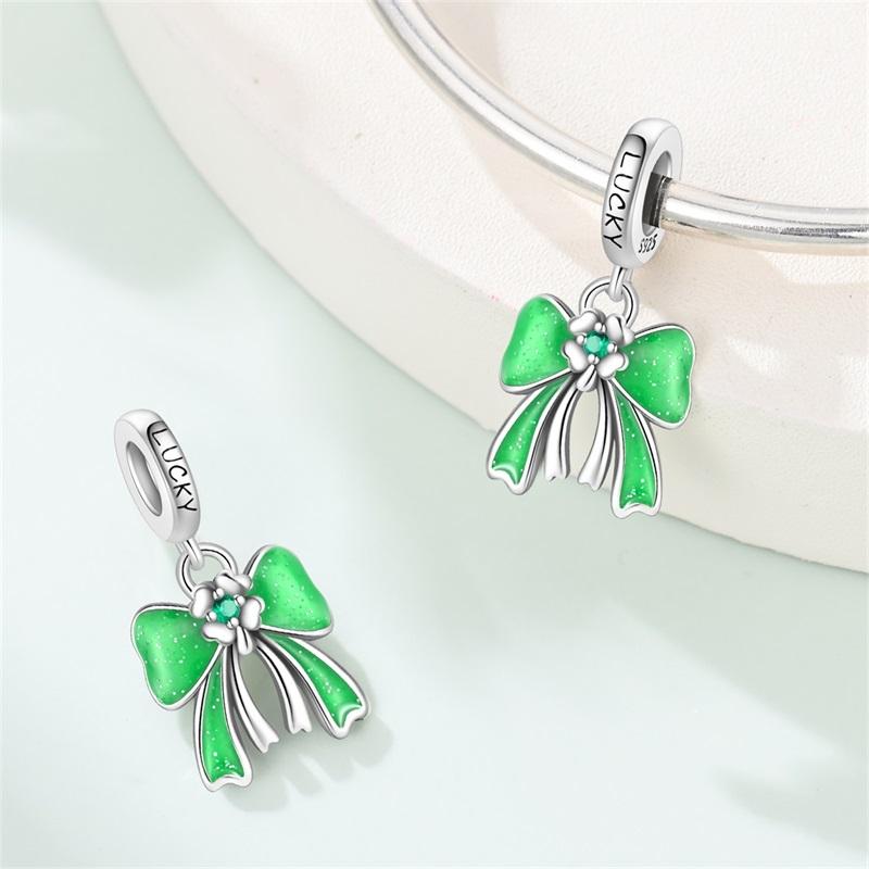 925 Silver Green St Patricks Clover Pendant DIY Charm Beads for Bangle Charms Bracelet Women Jewelry
