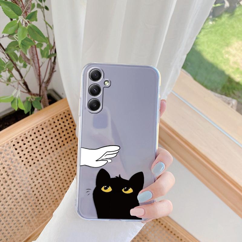 Cute Cat Patterned Soft Silicone Clear Case For Xiaomi Redmi 13C Note 13 Pro Samsung A55 A54 A34 S24 M35 iPhone 15 Camera Protective Shockproof Cover