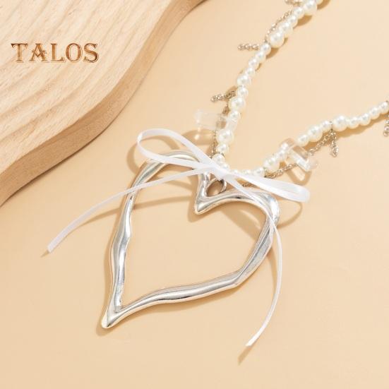 Женское ожерелье из искусственного жемчуга с большим кулоном в виде сердца, полая цепочка с бантом, декор, регулируемая длина, украшение из нержавеющей стали для шеи, ювелирные изделия, вечерние, пляжное ожерелье на ключице