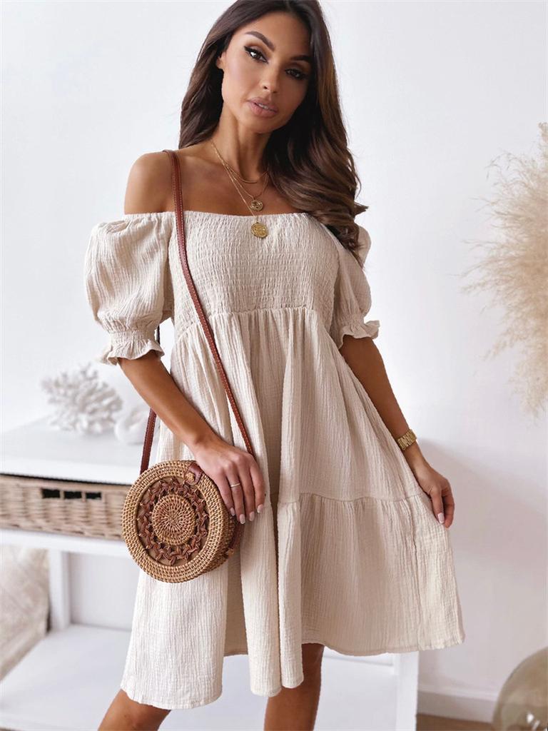 Solid Dress Women Summer Sexy Off Shoulder Dresses Female Slash Neck Backless Puff Sleeve Dress Ladies Elegant Beach Party Dress