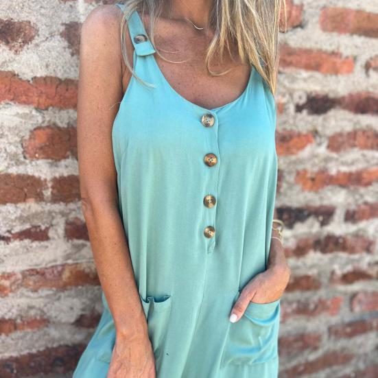 Летний женский комбинезон с V-образным вырезом, без рукавов, свободный, широкий, с пуговицами, однотонный, глубокий комбинезон с боковыми карманами, повседневная домашняя одежда для отпуска