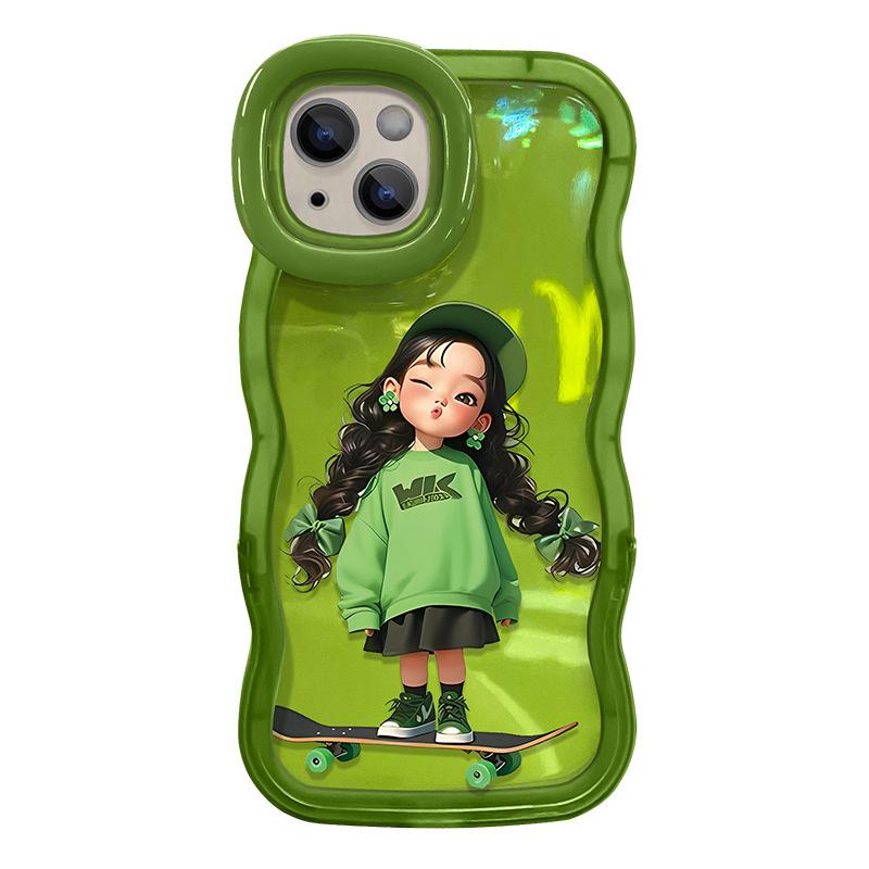 Милая девушка-скейтбордистка, подходящая для iPhone16 Apple 15, чехол для мобильного телефона 14, двойной кронштейн с волнистой стороной 13, силиконовый мультяшный персонаж
