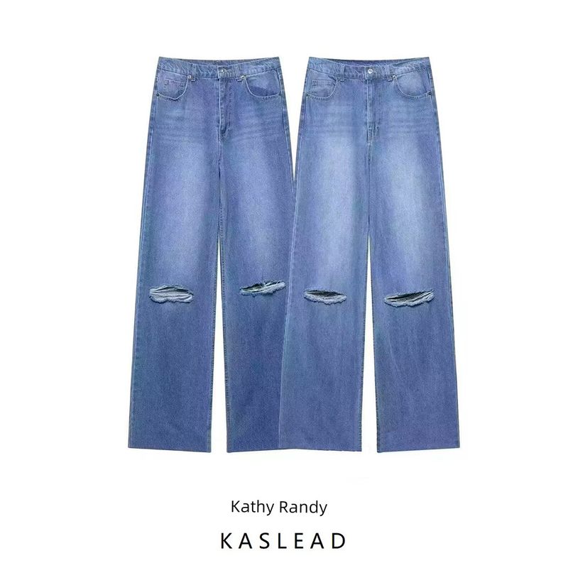 Kaslead New Women Clothes Western Style Fashion Ripped High Waist Wide Leg Jeans 8197227
