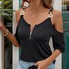 Summer Women's T-Shirt Off Shoulder Top Splicing Sling Zip T-Shirt