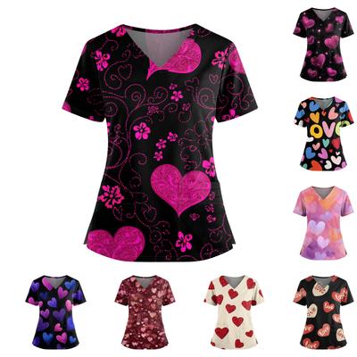 Женский День святого Валентина Принт V-образный вырез Двойной карман Короткие рукава Разрез по подолу Топ для ухода
