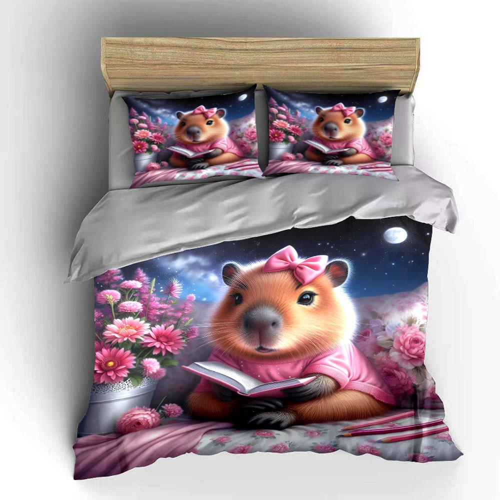 3Pcs Cute Capybara Bedding Set, Kawaii Capybara Reading a Book Print Duvet Cover + 2 Pillowcases, Whimsical Animal Decor