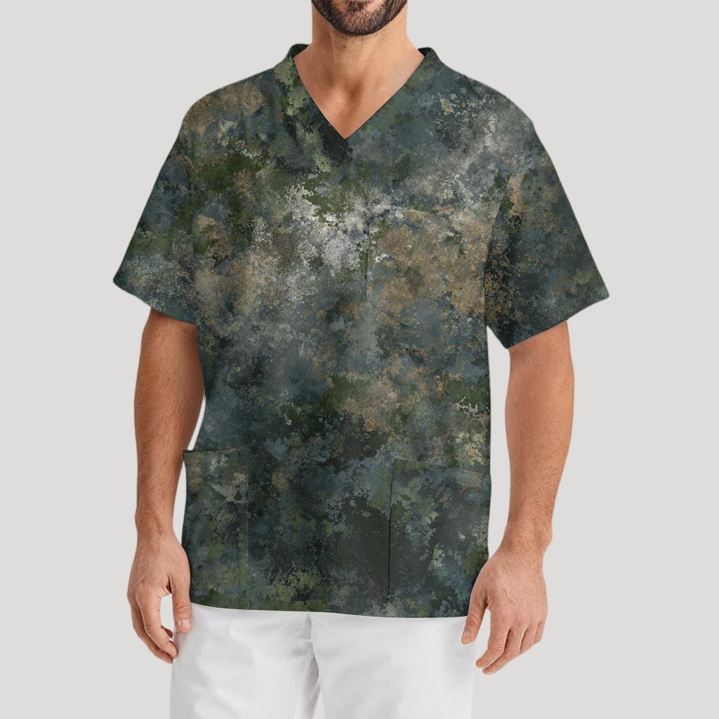 Мужская рабочая блузка с короткими рукавами и v-образным вырезом с принтом, топ с нагрудным карманом