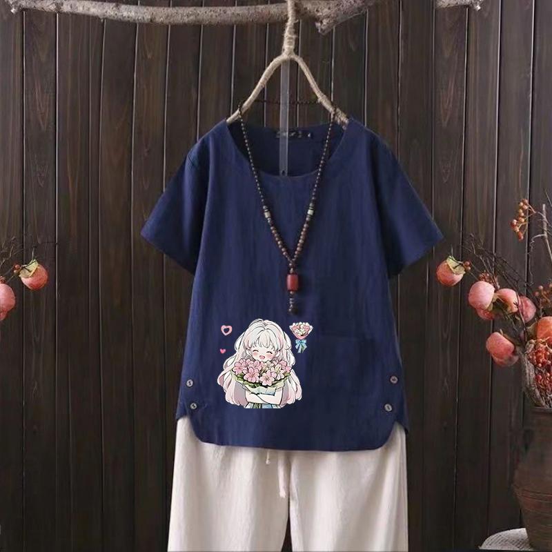 Футболка из хлопка и конопли с принтом Nordic Balloon Series и V-образным вырезом для женщин - повседневная одежда для лета 2025 г.