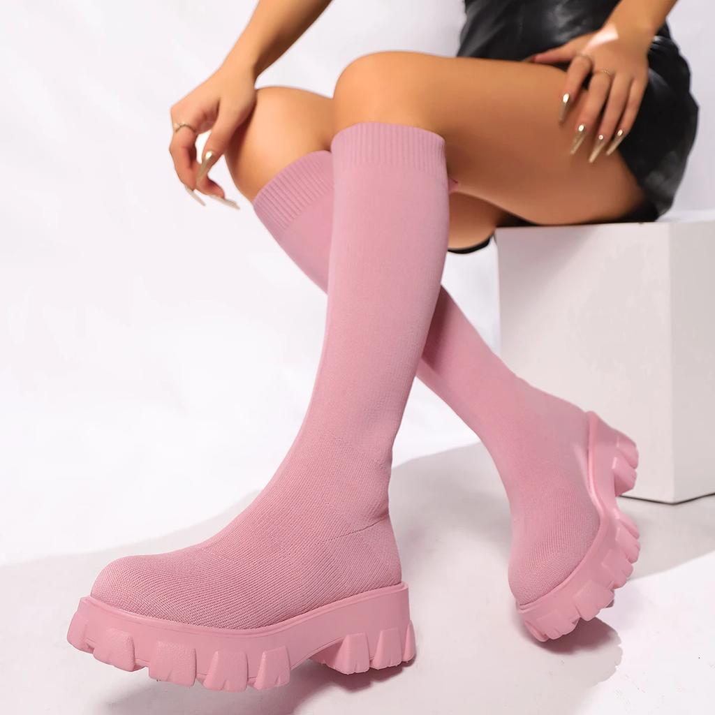 Fashion Chunky Platform Knee High Boots Women Autumn Winter Fashion Elastic Knit Socks Boots Woman Thick Sole High Tube Long Botas Mujer