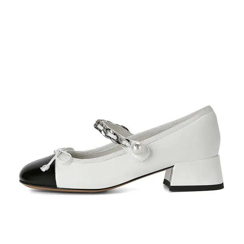 Fashion Retro Square Toe Chunky Heels Mary Jane Shoes New Color Matching Bow Chain Pumps Outdoor Dress Soft Ballet Shoes 2024