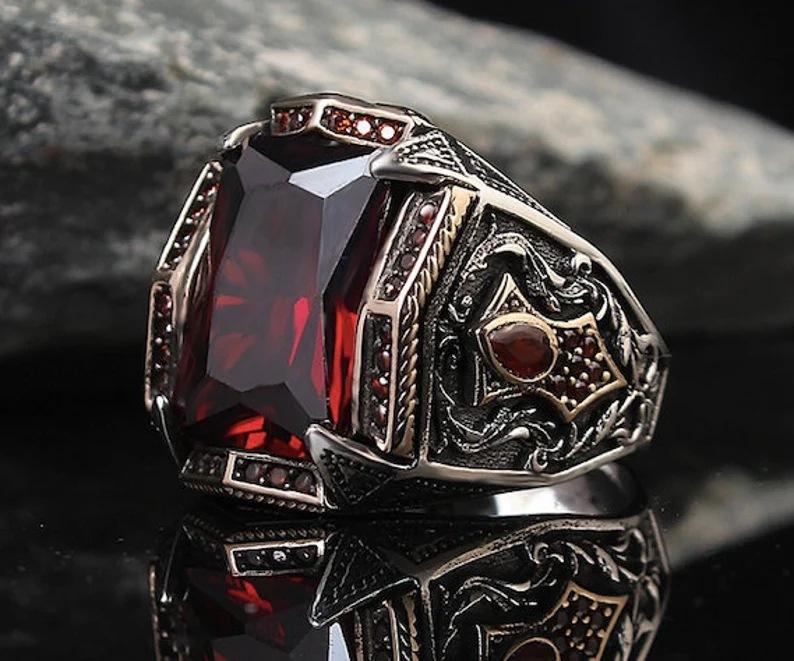 Винтажное турецкое кольцо Karon Dazzle Gem, мужское кольцо с дворцовой печатью из нержавеющей стали, загадочный драгоценный камень, модное мужское кольцо с локомотивом в стиле панк
