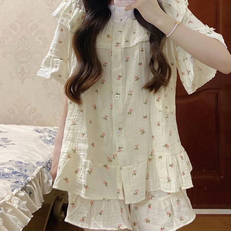 Сладкие и свежие пижамы, женские летние кружевные комплекты с короткими рукавами для общежития, комплект домашней одежды