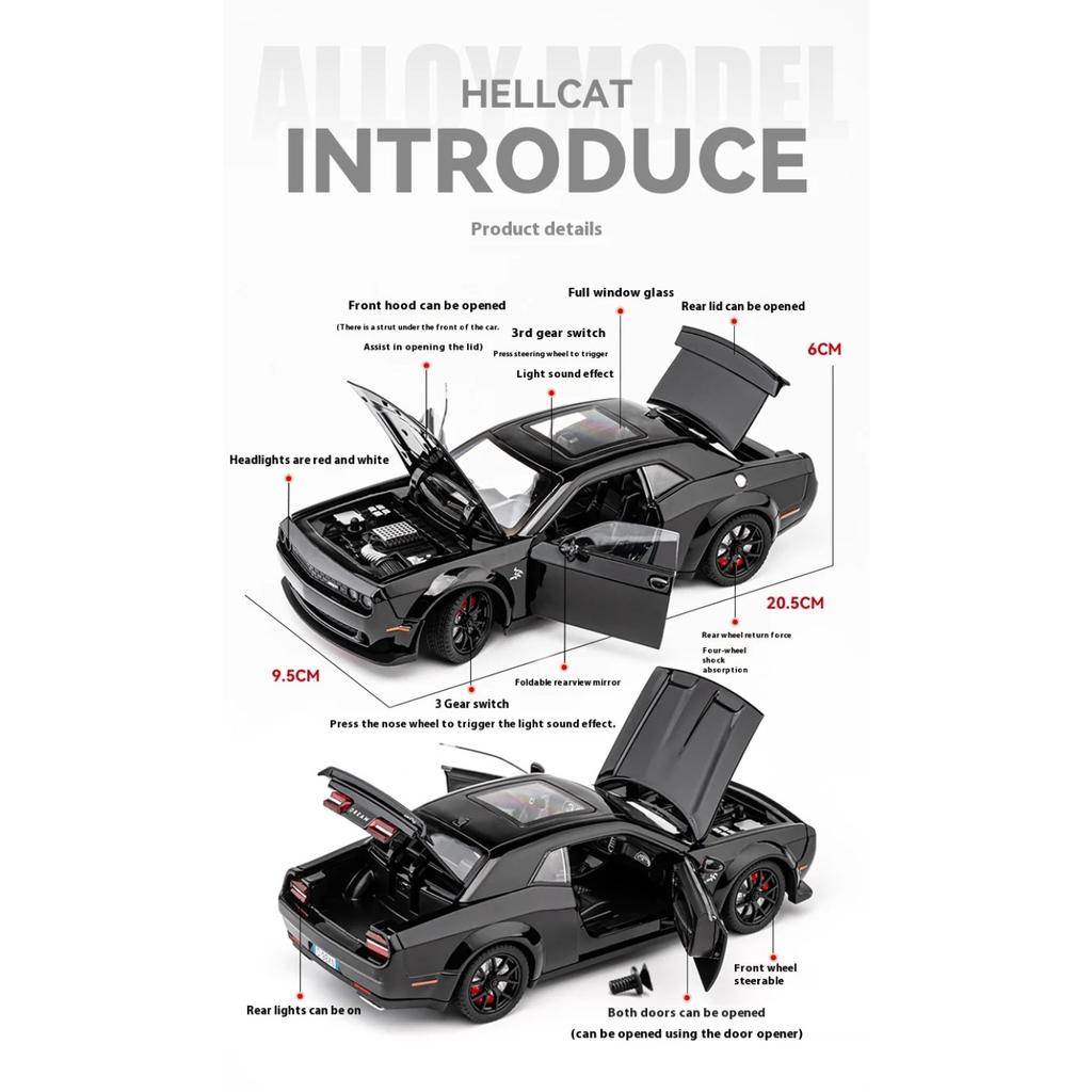 1/24 Dodge Challenger Hellcat Redeye Металлическая литая модель автомобиля Игрушка-украшение с высокой степенью детализации Звук и свет Оттянуть назад Праздничные подарки
