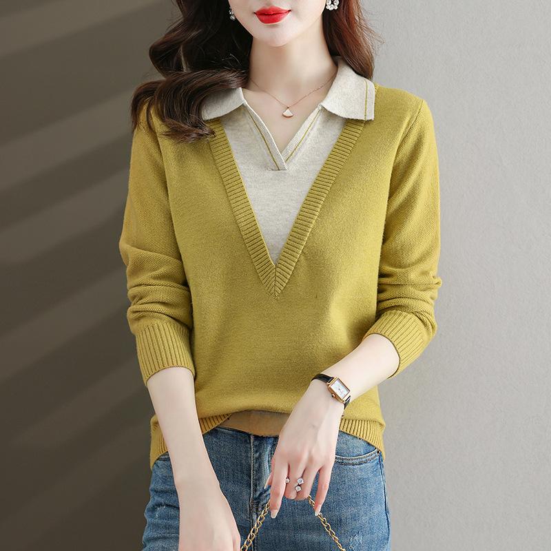 Fake Two Piece Knitted Sweater Women Fashion Lapel All Match V Neck Autumn Winter Pullover Top Casual Basic Sweaters