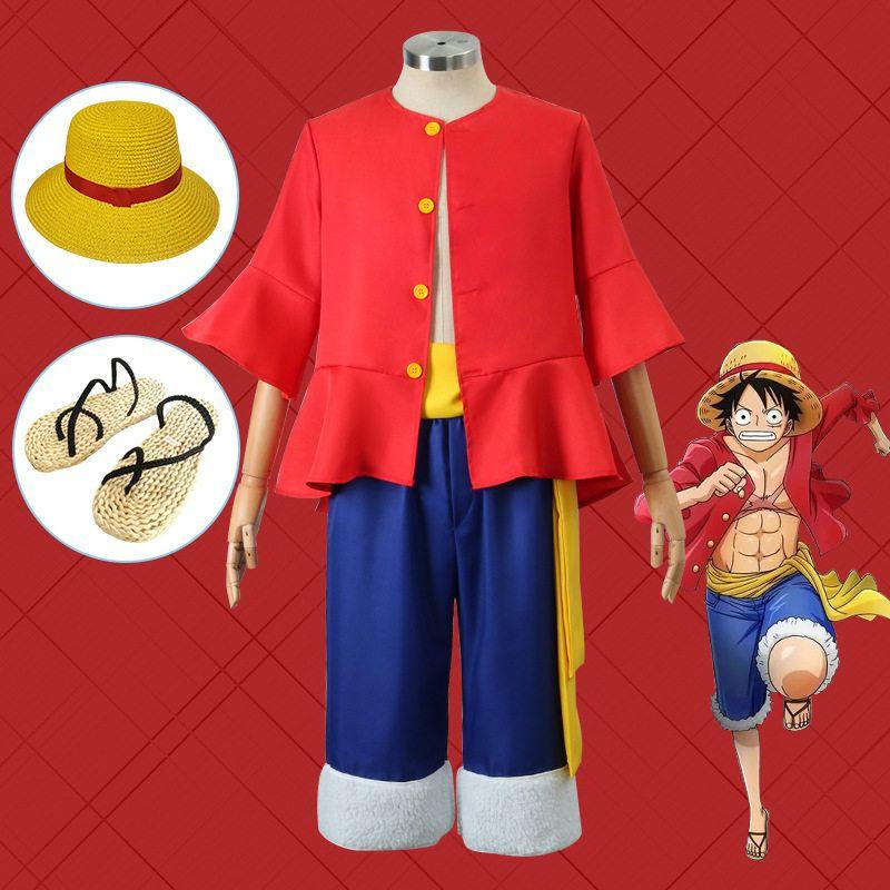Костюм для косплея One Piece Костюм для косплея Luffy Одежда для косплея Куртка Соломенная шляпа Обувь Парик Костюм