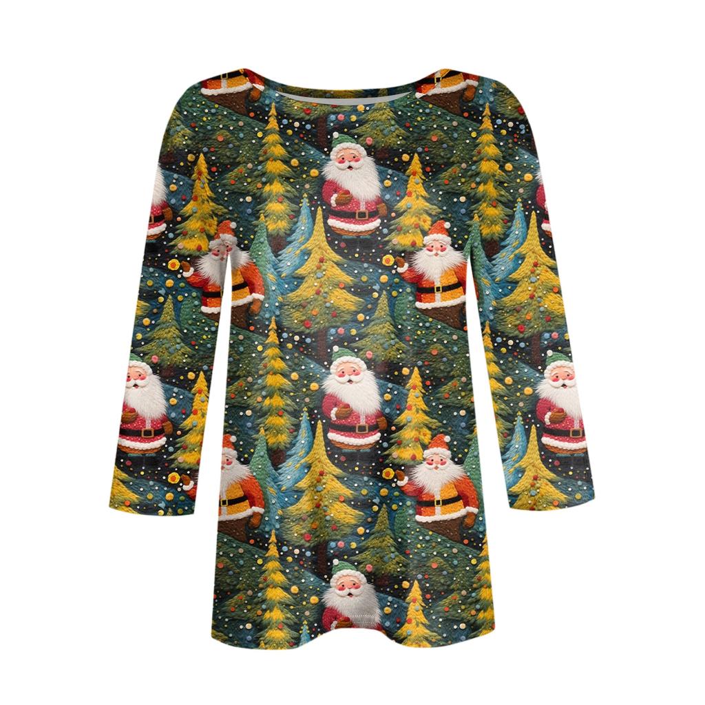 Women's Fashionable Casual Three-Quarter Sleeve Christmas Print Round Neck Top