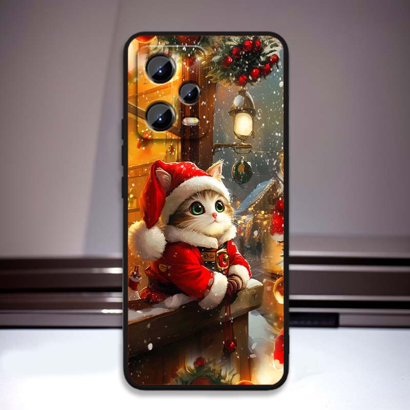 Рождественский мультяшный кот Арт Чехол для телефона Для Xiaomi Redmi Note 15 14 13 12 12S 11E 11 11S Pro Plus 4G 5G Черный Мягкий ТПУ