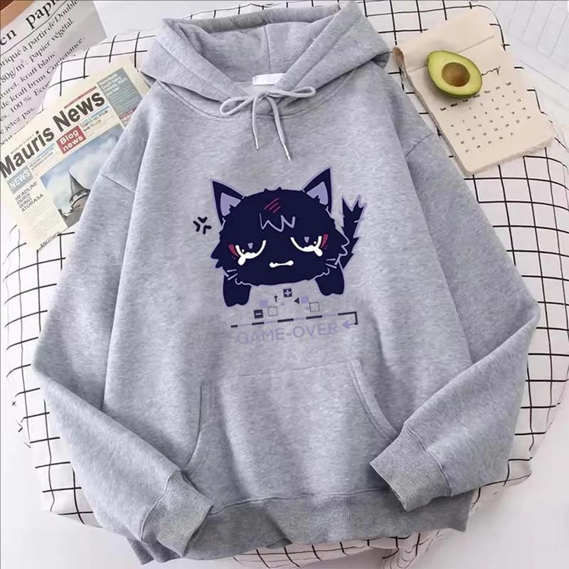 Худи с принтом мультяшного кота Genshin Impact, женские повседневные осенне-зимние каваий харадзюку флисовые толстовки с длинным рукавом