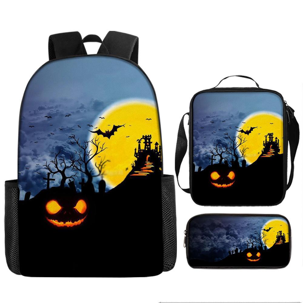 Halloween Backpack Pumpkin Ghost 3-Piece Set Schoolbag Kids Shoulder Bag Cute Bookbag for Boys Girls