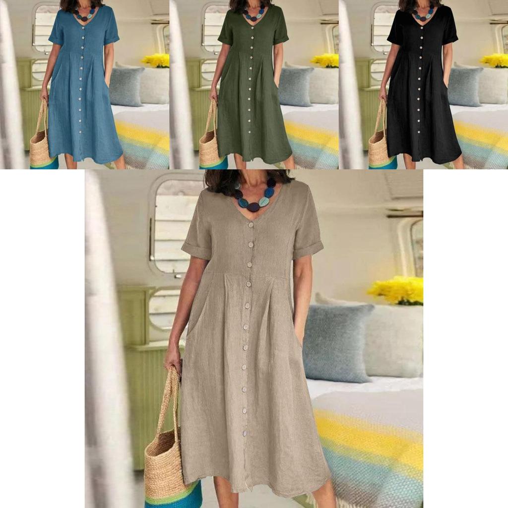 Summer Cotton Linen Dress With Pockets For Casual Streetwear Women
