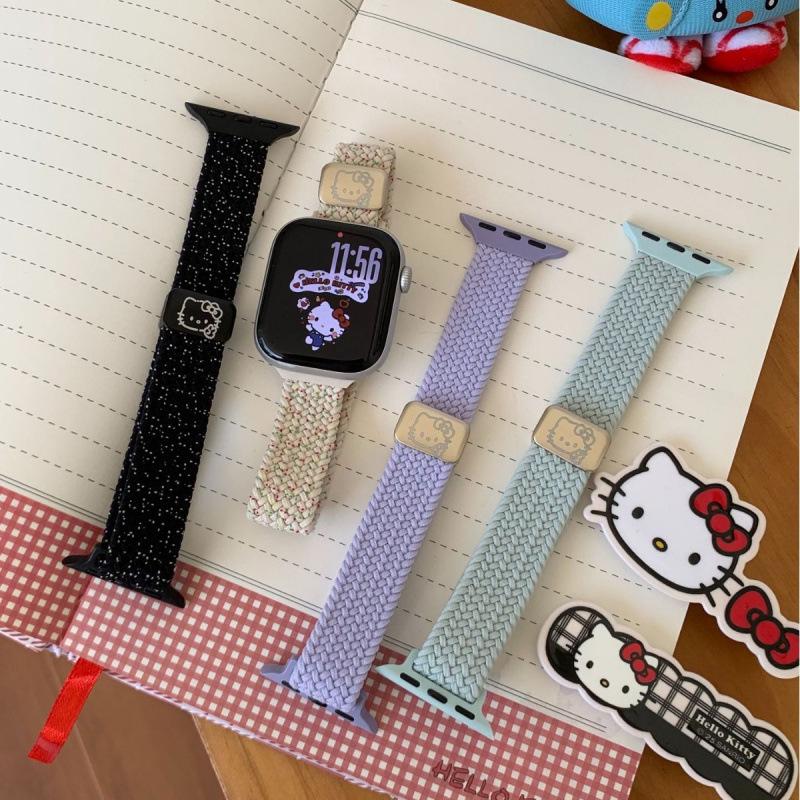 Совместимый ремешок для Apple Watch Series 10/11 - Милый дизайн с кошкой KT с плетеным магнитным замком, Модель 9876E.