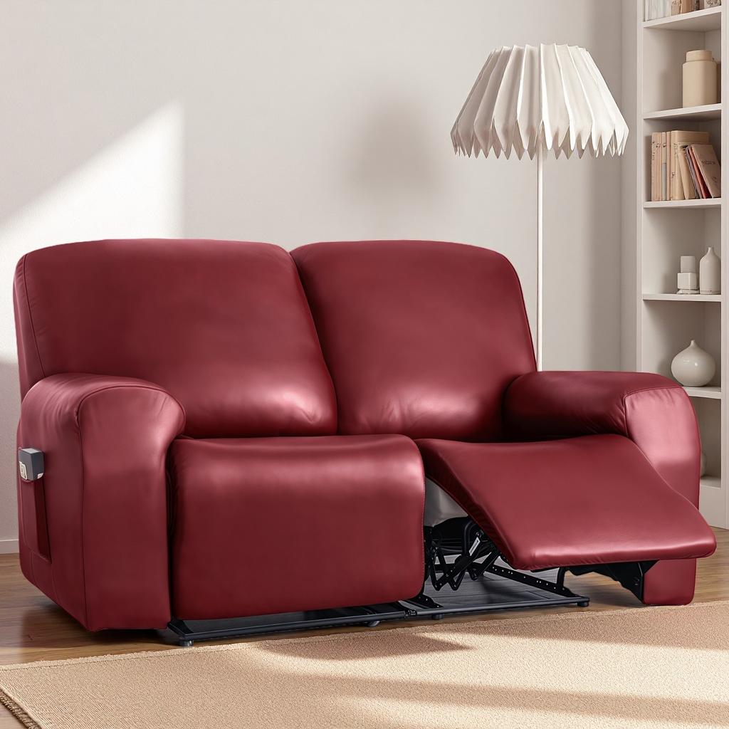 Waterproof Loveseat Sofa Recliner Cover 2-Seater with Side Pockets Stretch PU Leather Recliner Sofa Cover Living Room