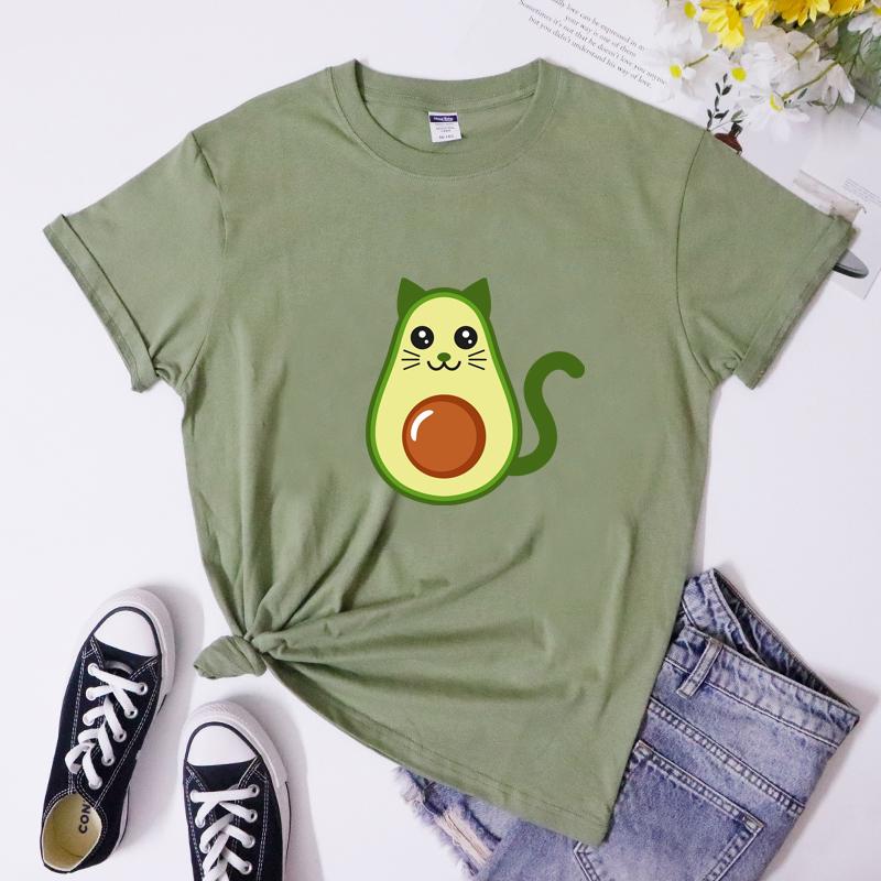 Avocado Cat 100% Cotton T-shirt Funny Women Short Sleeve Graphic Vegetarian Tshirt 5XL Cute Fur Mama Vegan Top Tee Shirt