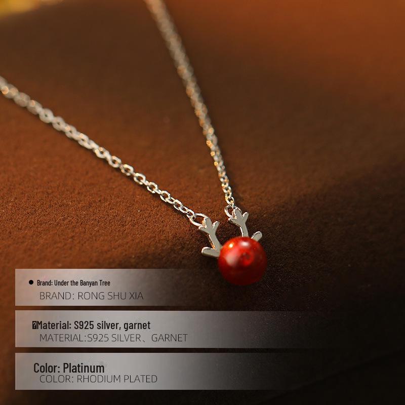 Ожерелье Banyan Tree S925 Silver Red Garnet с изображением лося - простая корейская рождественская цепочка на ключицу для женщин
